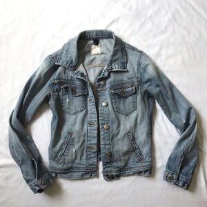 J. Crew Denim Jean Trucker Jacket Blue Distressed Destroyed Womens Sz XS / S EUC